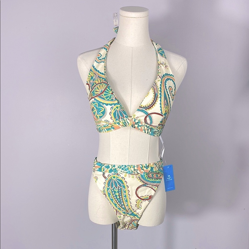 NWT CupShe Paisley Print Reversible Halter Bikini L/XL